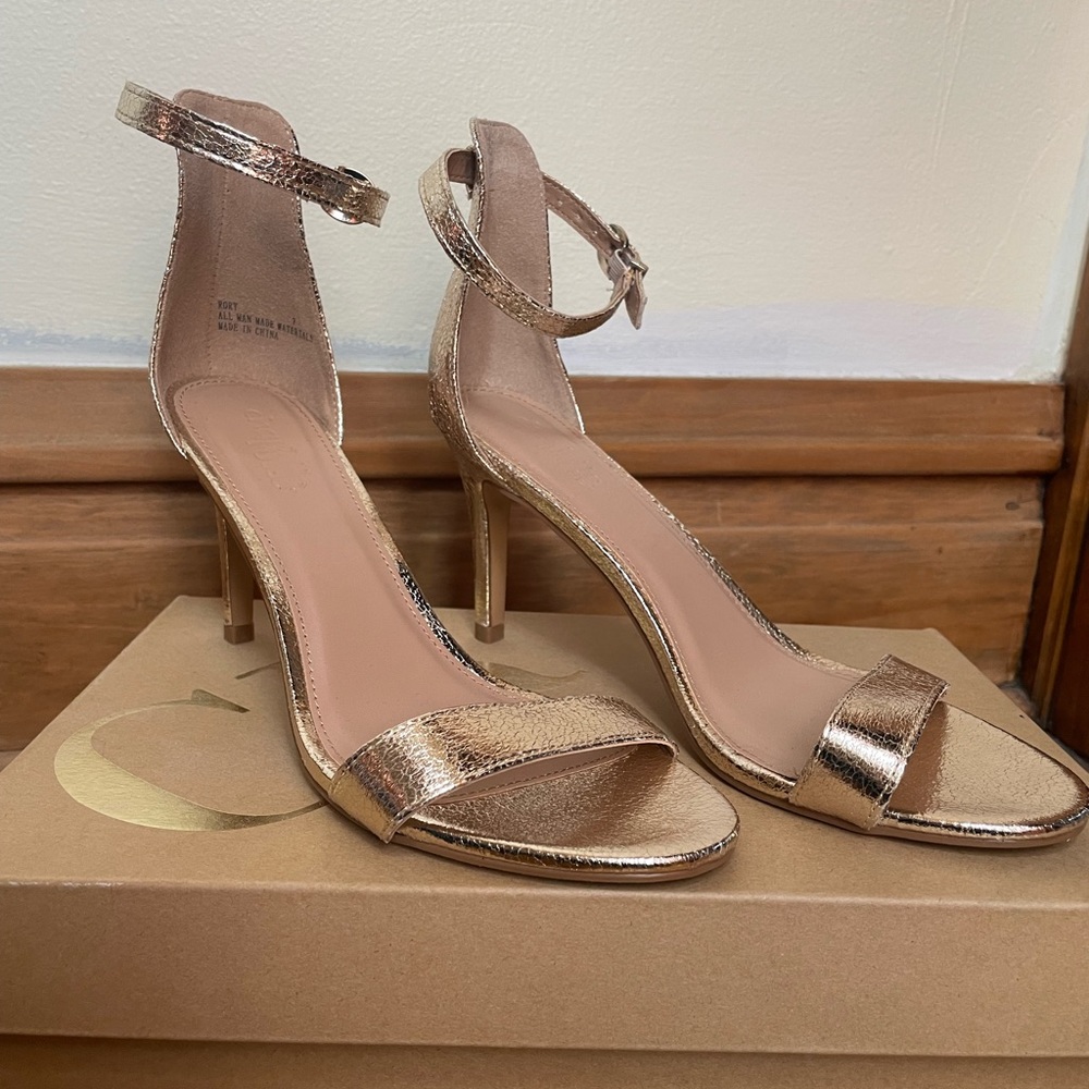 Gold sandal heels with ankle strap